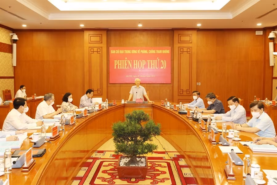 Tổng Bí thư Nguyễn Phú Trọng phát biểu kết luận Phiên họp thứ 20 của Ban Chỉ đạo Trung ương về phòng, chống tham nhũng, ngày 5/8/2021. Ảnh: Trí Dũng/TTXVN