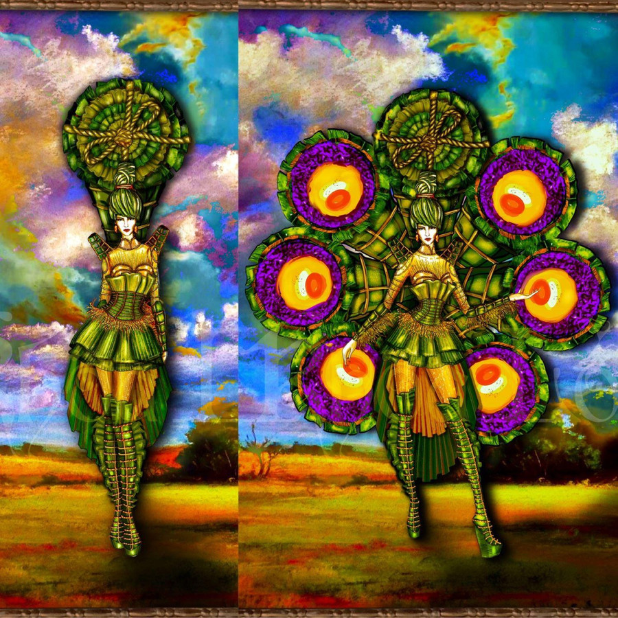 “Ai tét hông?” thiết kế lấy ý tưởng từ bánh tét lá cẩm, chính thức trở thành trang phục dân tộc của Việt Nam tại Miss universe 2021. Ảnh: NVCC