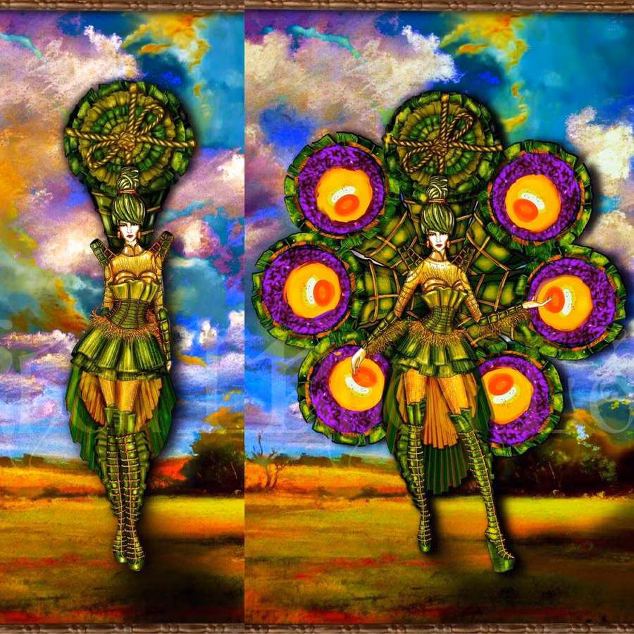 “Ai tét hông?” thiết kế lấy ý tưởng từ bánh tét lá cẩm, chính thức trở thành trang phục dân tộc của Việt Nam tại Miss universe 2021. Ảnh: NVCC