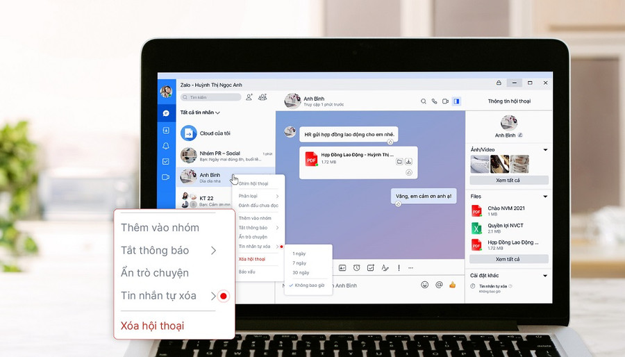 Trên phiên bản máy tính, người dùng bấm vào Thông tin hội thoại để cài đặt tin tự xóa. 