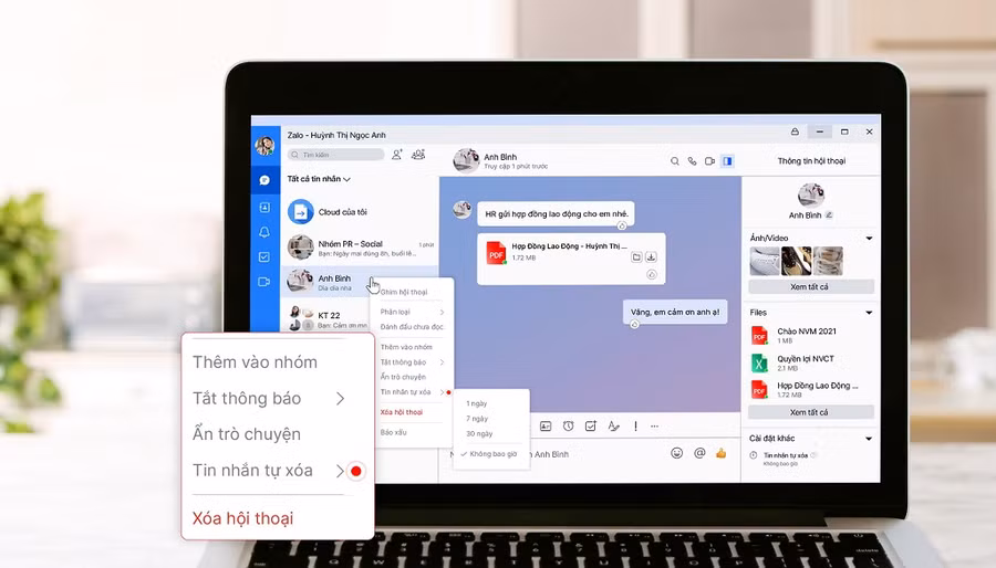 Trên phiên bản máy tính, người dùng bấm vào Thông tin hội thoại để cài đặt tin tự xóa. 