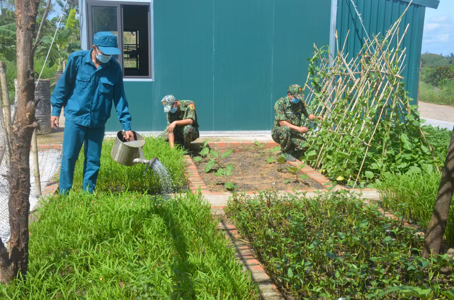 Cán bộ, chiến sĩ chốt số 3 Đồn Biên phòng Cửa khẩu Quốc tế Lệ Thanh (huyện Đức Cơ) tăng gia sản xuất. Ảnh: Thùy Dương