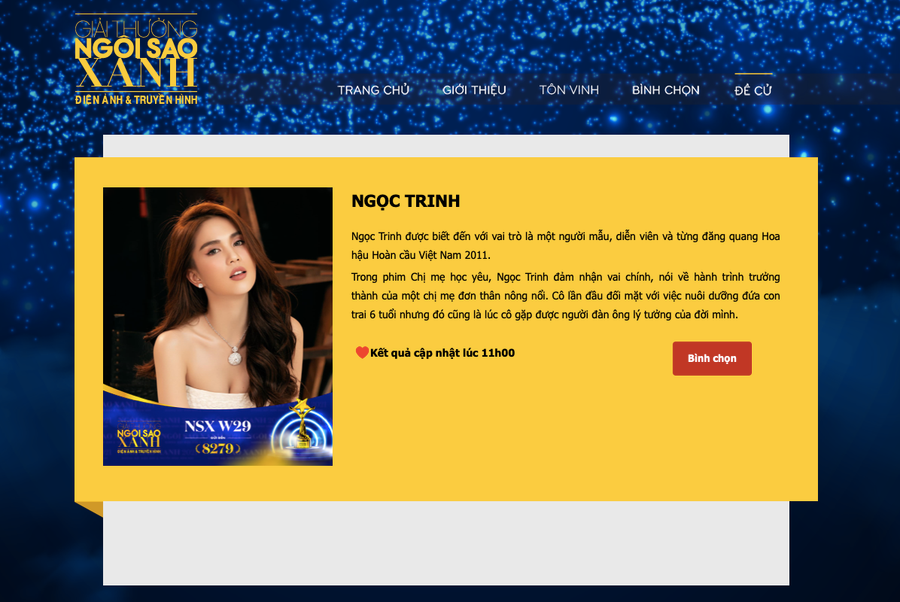 Phần giới thiệu về Ngọc Trinh trên trang web Ngôi sao xanh 2021. Ảnh: Chụp màn hình