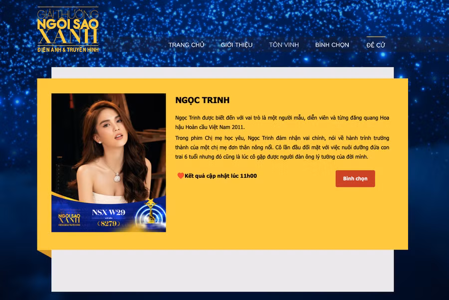 Phần giới thiệu về Ngọc Trinh trên trang web Ngôi sao xanh 2021. Ảnh: Chụp màn hình