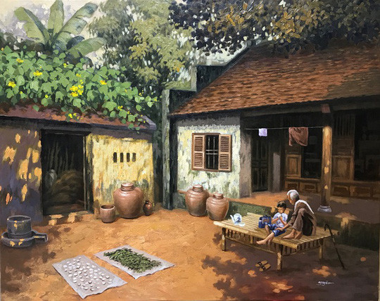  Bức tranh “Khoảnh sân trước nhà” vẽ từ ký ức của bản thân về khung cảnh ngôi nhà ngày xưa của gia đình anh và những người thân trong gia đình.