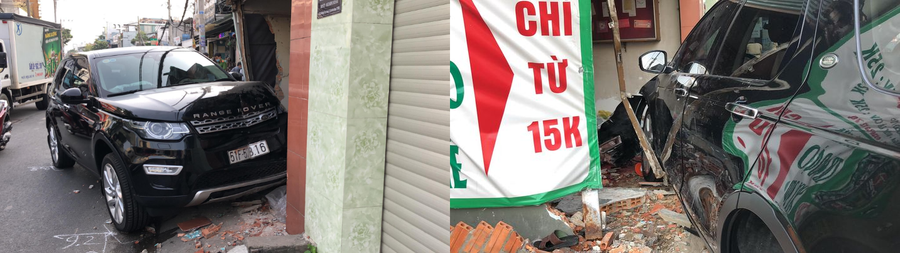 Chiếc Range Rover tông sập một phần cửa nhà dân, phần đầu xe biến dạng. Ảnh: Trần Tiến Chiếc Range Rover tông sập một phần cửa nhà dân, phần đầu xe biến dạng. Ảnh: Trần Tiến