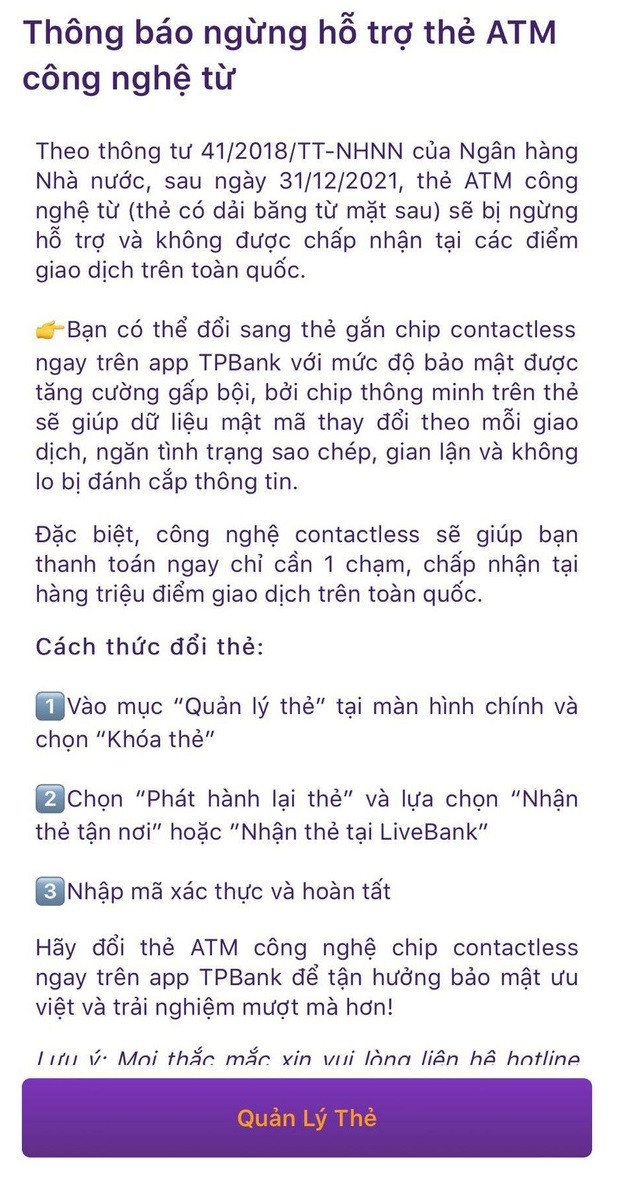 Thông báo của TP Bank gửi tới khách hàng. Ảnh chụp màn hình.