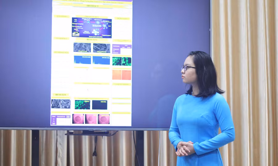 Em Lê Nhật Minh trình bày dự án bằng hình thức trực tuyến tại Cuộc thi. Ảnh nhân vật cung cấp