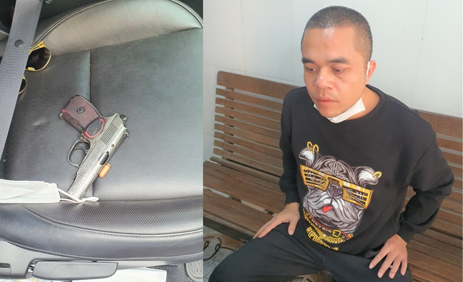 Nghi can Thuận và khẩu súng gây án. Ảnh: C.An