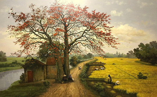 Những ngôi nhà ngói, con đường ngõ nhỏ, cánh đồng lúa bao la bát ngát là những hình ảnh thường xuyên xuất hiện trong tranh của họa sĩ Trần Nguyên