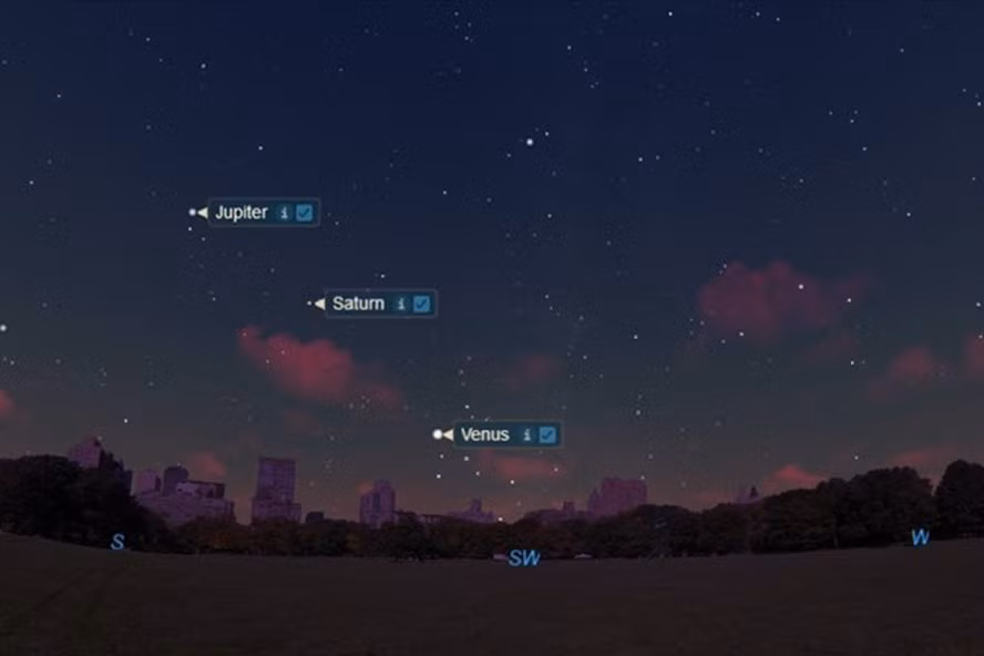  Từ trên xuống: Sao Mộc, sao Thổ và sao Kim sẽ tỏa sáng và thẳng hàng trên bầu trời đêm 26.11. Ảnh: NASA