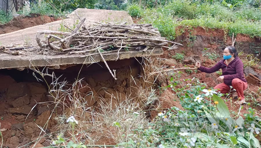 Sụt lún phần đất bên dưới khiến cho con đường bê tông dân sinh không thể sử dụng được. Ảnh: Văn Long.