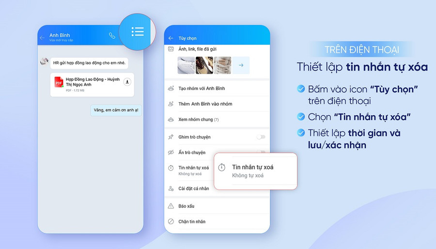 Người dùng dễ dàng thiết lập Tin nhắn tự xóa trên điện thoại. 