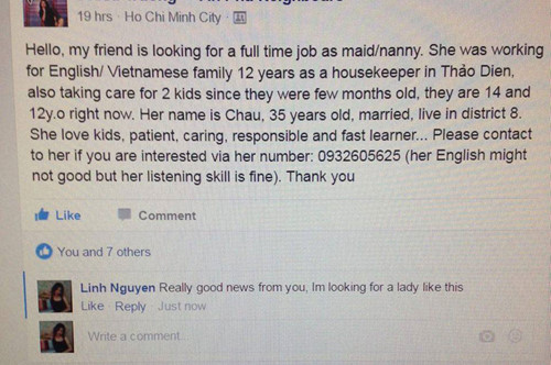 Một mẫu tin chuyển giao người giúp việc của cư dân Thảo Điền, quận 2, TP. HCM.