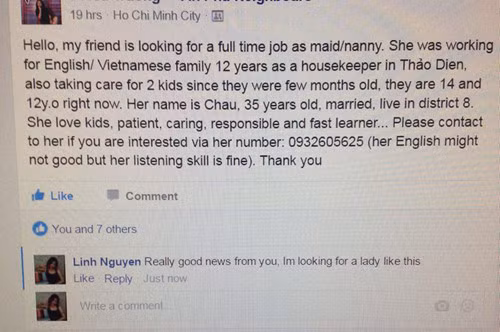 Một mẫu tin chuyển giao người giúp việc của cư dân Thảo Điền, quận 2, TP. HCM.