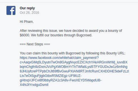 Ảnh chụp màn hình bức thư Facebook gửi cho Khánh, thông báo về số tiền thưởng anh sẽ nhận được Ảnh chụp màn hình bức thư Facebook gửi cho Khánh, thông báo về số tiền thưởng anh sẽ nhận được
