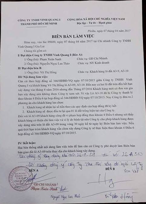 Biên bản làm việc giữa công ty với bà Võ Thị Hồng (vợ ông Thành). Ảnh: Q.T