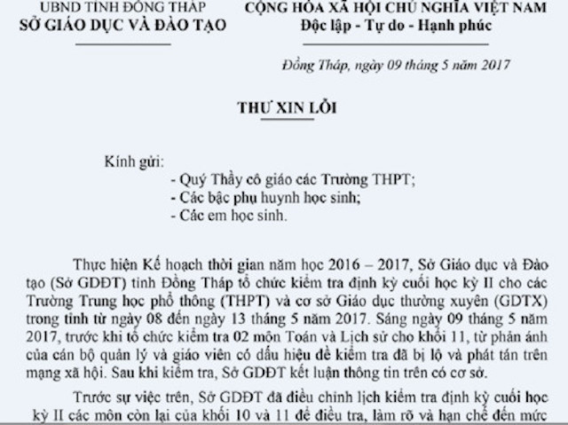 Thư xin lỗi của Giám đốc Sở GD-ĐT Đồng Tháp. Ảnh chụp lại.
