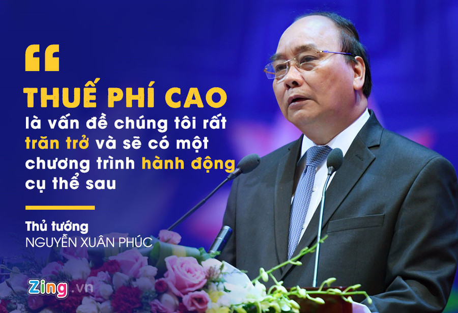 Thủ tướng cho rằng một trong các tồn tại hiện nay là về thuế, phí còn cao, không chỉ những chi phí liên quan đến thủ tục hành chính mà còn liên quan đến phí sử dụng công trình BOT, bến bãi, cảng biển, cầu đường..., đặc biệt chi phí không chính thức, phí bôi trơn. 10