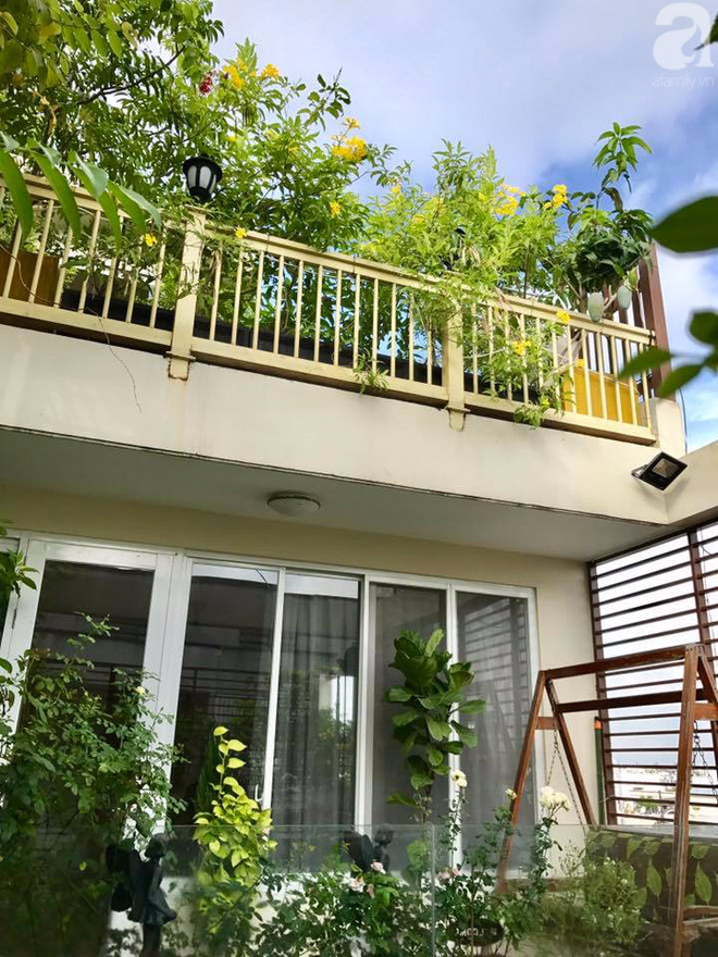 Khu vườn xanh mướt trên sân thượng nhìn từ ngoài vào.