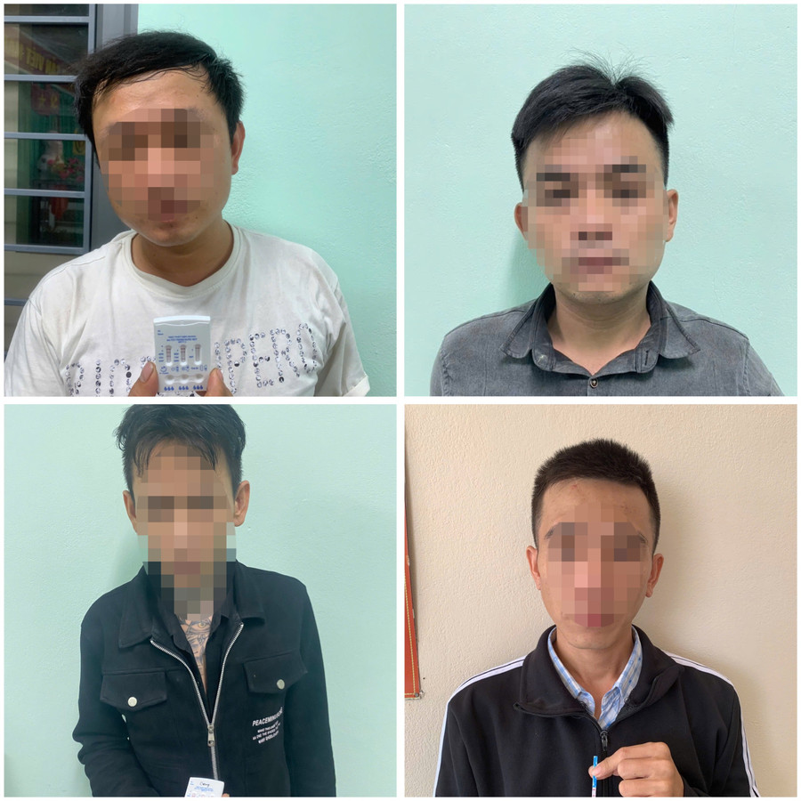 Các đối tượng tại cơ quan Công an (từ trái qua, từ trên xuống): Nguyễn Vũ T., Trần Văn H., Phạm Trường G., Trần Văn M. Ảnh: ĐVCC 1.jpg