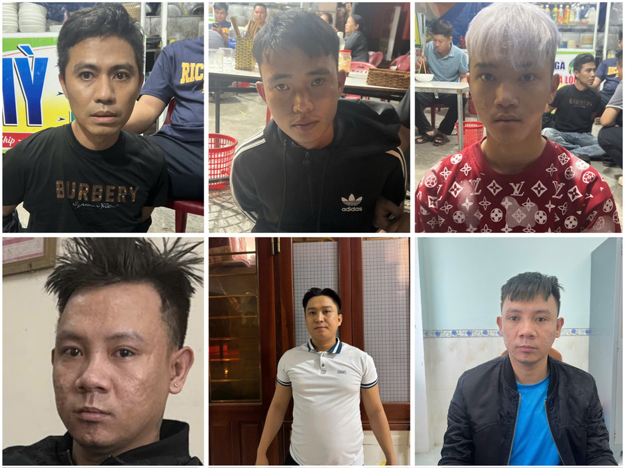 Các đối tượng bị tạm giữ (từ trái qua phải, từ trên xuống dưới): Hòa, Hoàng, Dũng, Phong, San, Huy. Ảnh: Phòng Cảnh sát hình sự 1-752.jpg