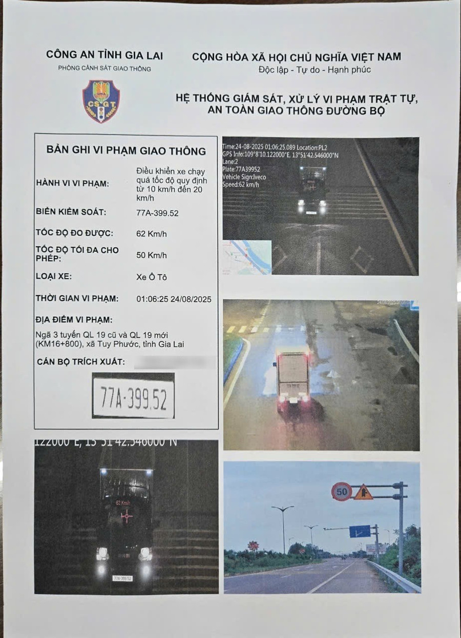 Lần phạm lỗi tốc độ gần nhất của phương tiện là vào 1 giờ 6 phút ngày 24-8. Ảnh: ĐVCC 3.jpg