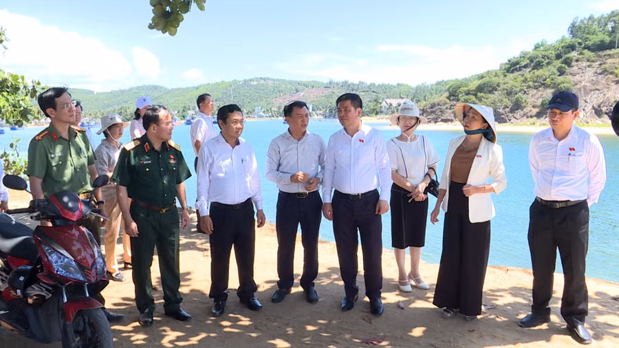 Phó Chủ tịch Quốc hội Nguyễn Hồng Diên (thứ 4 từ phải sang) cùng các ĐBQH tỉnh Gia Lai kiểm tra hiện trường luồng lạch ra vào cảng cá Tam Quan. Ảnh: Phi Long