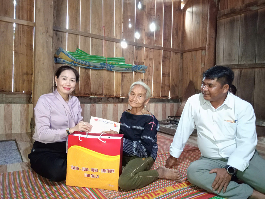 Phó Chủ tịch HĐND tỉnh Huỳnh Thúy Vân tặng quà cho gia đình bà Đinh Thị Yum (làng Sing, xã Krong). Ảnh: Trương Tuấn anh-2.jpg