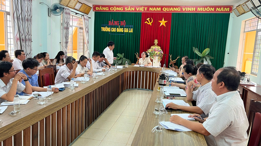 Thạc sĩ Phạm Văn Điều-Hiệu trưởng Trường Cao đẳng Gia Lai báo cáo với đoàn giám sát. Ảnh: Đinh Yến Thạc sĩ Phạm Văn Điều-Hiệu trưởng Trường Cao đẳng Gia Lai báo cáo với đoàn giám sát. Ảnh: Đinh Yến