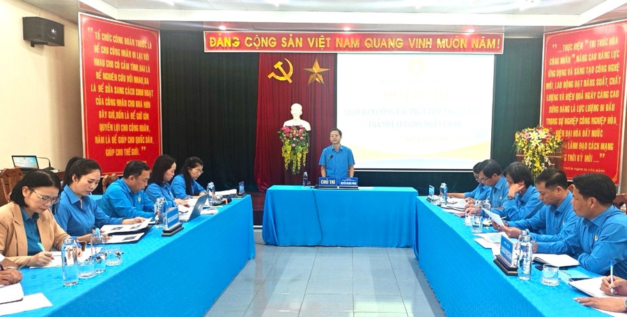 Đồng chí Nguyễn Hoàng Phong (đứng)-Tỉnh ủy viên, Ủy viên Ban Chấp hành Tổng LĐLĐ Việt Nam, Chủ tịch LĐLĐ tỉnh, Trưởng Ban Chỉ đạo phát triển đoàn viên công đoàn tỉnh chủ trì hội nghị. Ảnh: Mỹ Lệ