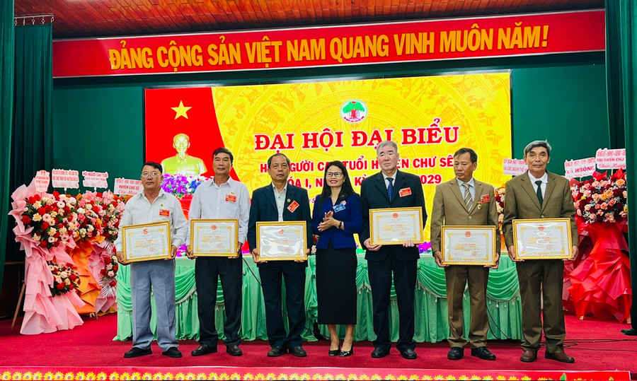 Chủ tịch UBND huyện Chư Sê tặng giấy khen cho các tập thể, cá nhân đã có thành tích xuất sắc, tiêu biểu trong công tác Hội NCT, giai đoạn 2021-2024. Ảnh: Đinh Yến