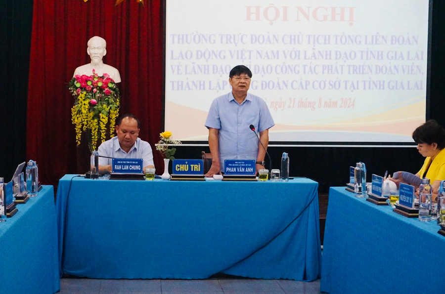 Phó Chủ tịch Tổng LĐLĐ Việt Nam Phan Văn Anh phát biểu chỉ đạo tại buổi làm việc. Ảnh: Đinh Yến