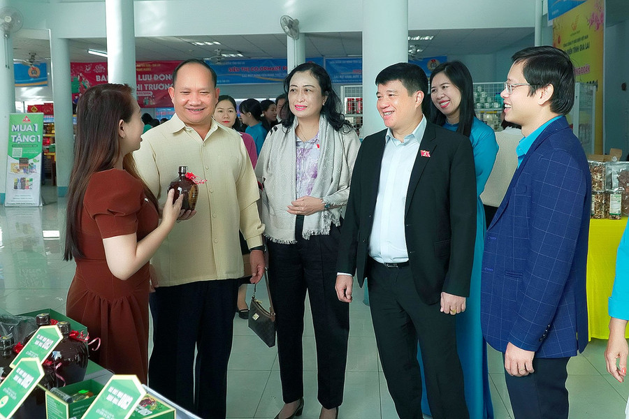 Chủ tịch Hội đồng Dân tộc của Quốc hội Y Thanh Hà Niê K'đăm (thứ 2 từ phải sang) cùng lãnh đạo tỉnh Gia Lai tham quan gian hàng tại Chợ Tết Công đoàn 2024. Ảnh: Đức Thụy Chủ tịch Hội đồng Dân tộc của Quốc hội Y Thanh Hà Niê K'đăm (thứ 2 từ phải sang) cùng lãnh đạo tỉnh Gia Lai tham quan gian hàng tại Chợ Tết Công đoàn 2024. Ảnh: Đức Thụy