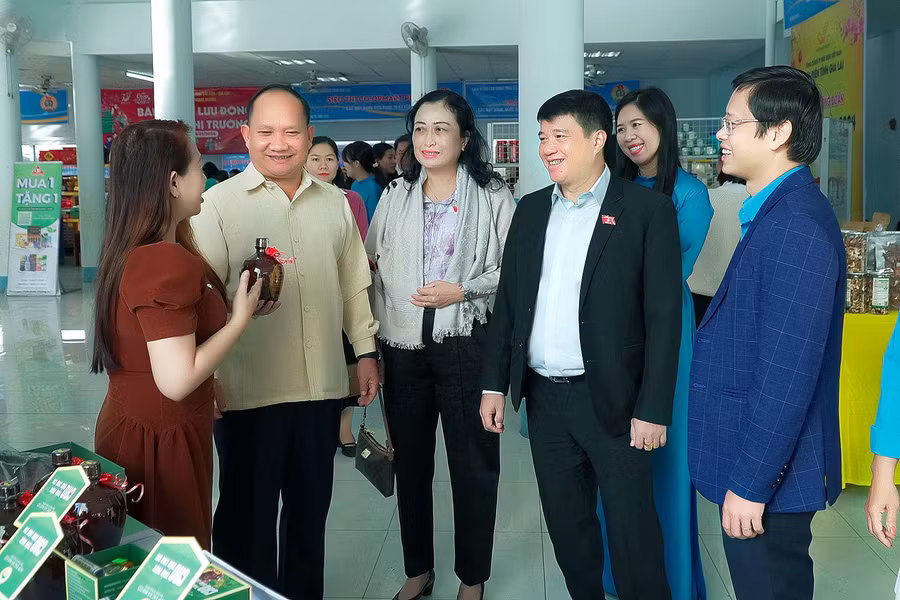 Chủ tịch Hội đồng Dân tộc của Quốc hội Y Thanh Hà Niê K'đăm (thứ 2 từ phải sang) cùng lãnh đạo tỉnh Gia Lai tham quan gian hàng tại Chợ Tết Công đoàn 2024. Ảnh: Đức Thụy