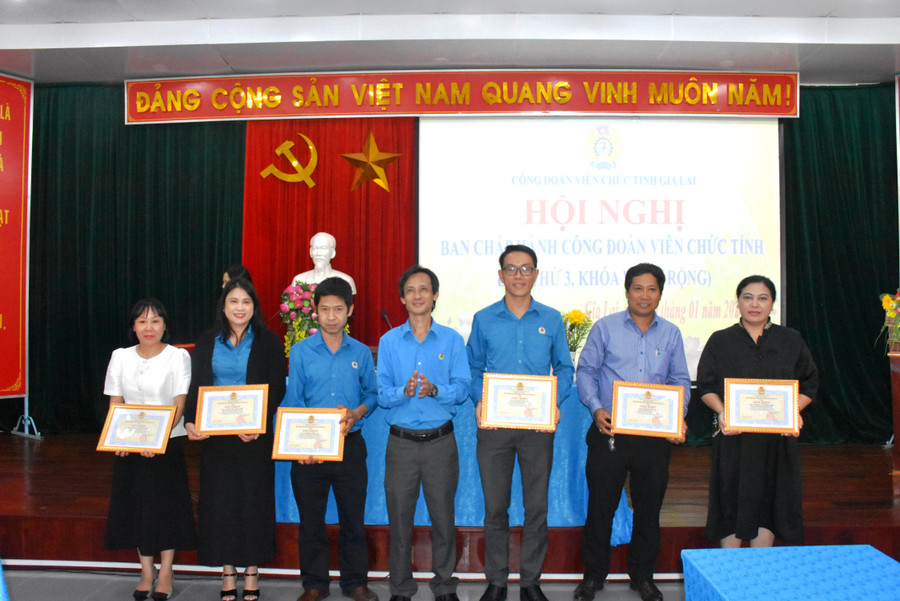 Công đoàn Viên chức tỉnh trao bằng khen của LĐLĐ tỉnh và tặng giấy khen cho tập thể và cá nhân. Ảnh: Đinh Yến Công đoàn Viên chức tỉnh trao bằng khen của LĐLĐ tỉnh và tặng giấy khen cho tập thể và cá nhân. Ảnh: Đinh Yến