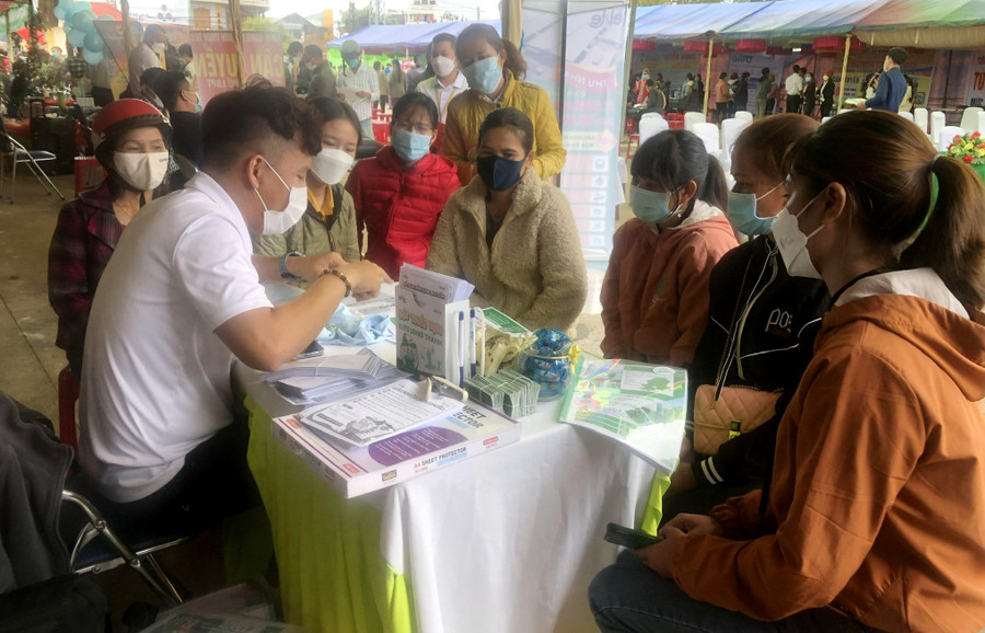 Doanh nghiệp tuyển dụng, tư vấn giới thiệu vị trí việc làm cho lao động huyện Đak Đoa. Ảnh. Đinh Yến Doanh nghiệp tuyển dụng, tư vấn giới thiệu vị trí việc làm cho lao động huyện Đak Đoa. Ảnh. Đinh Yến