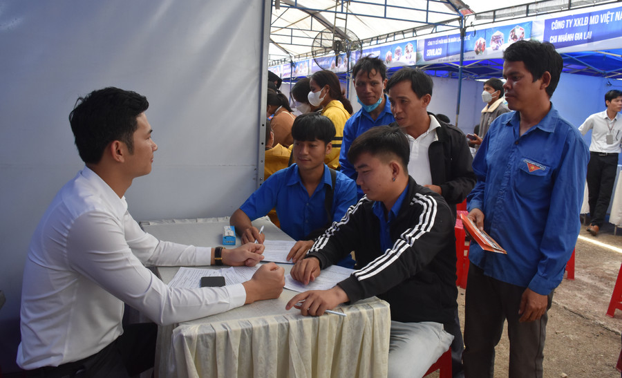 Doanh nghiệp tư vấn thị trường việc làm với lao động tại Sàn Giao dịch việc làm. Ảnh: Đinh Yến