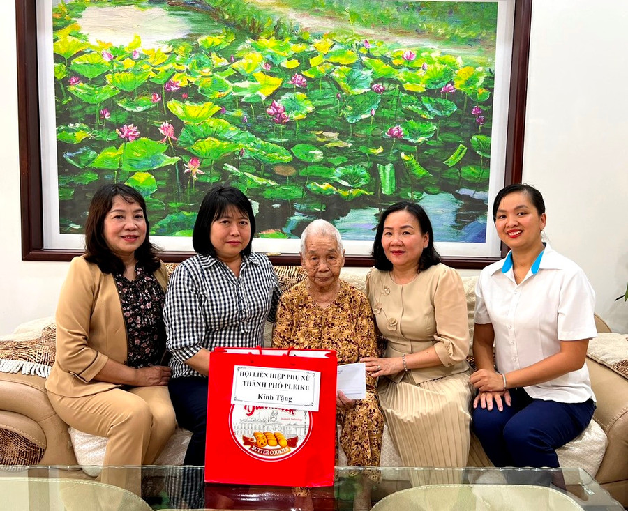Đoàn thăm, tặng quà Mẹ Việt Nam Anh hùng Lê Thị Thọ. Ảnh: Đinh Yến
