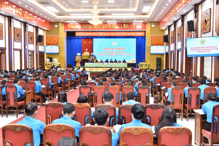 Quang cảnh phiên thứ nhất Đại hội Công đoàn tỉnh Gia Lai lần thứ XI. Ảnh: Đức Thụy Quang cảnh phiên thứ nhất Đại hội Công đoàn tỉnh Gia Lai lần thứ XI. Ảnh: Đức Thụy