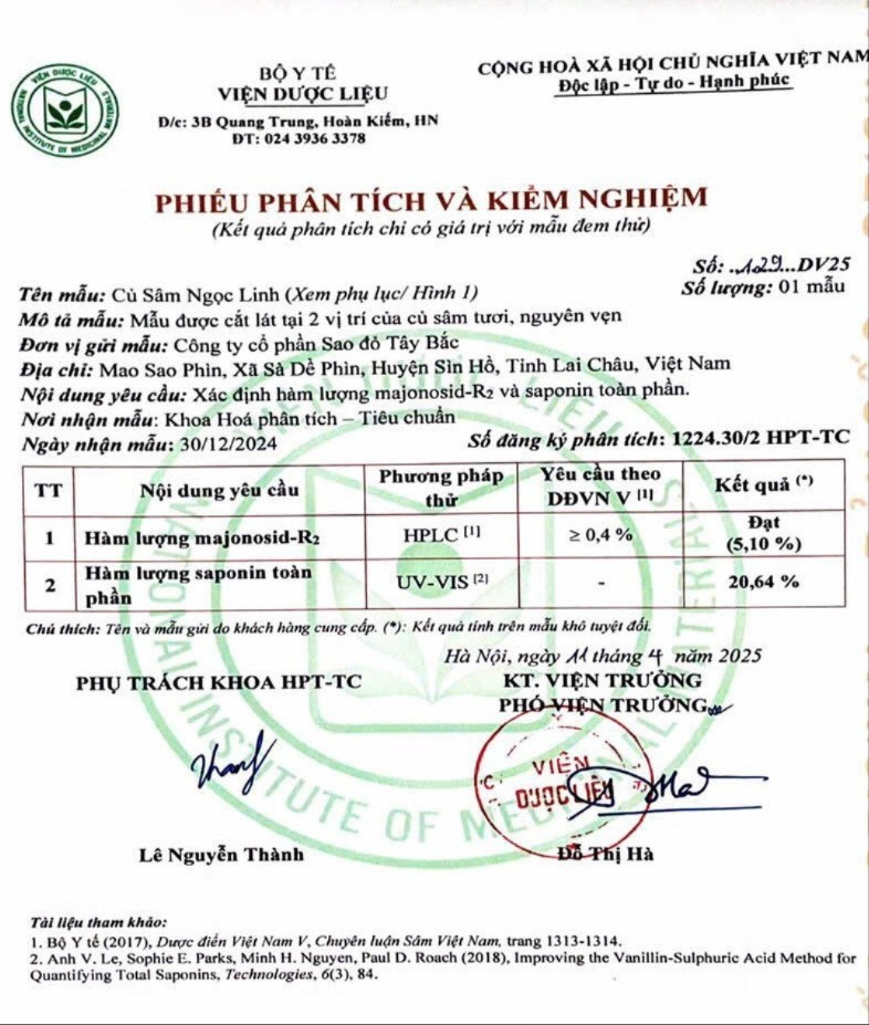 Mẫu phân tích và kiểm nghiệm mẫu sâm Ngọc Linh 4 tuổi do Viện Dược liệu, Bộ Y tế công bố. Ảnh: Đoàn Bình 3-1068.jpg