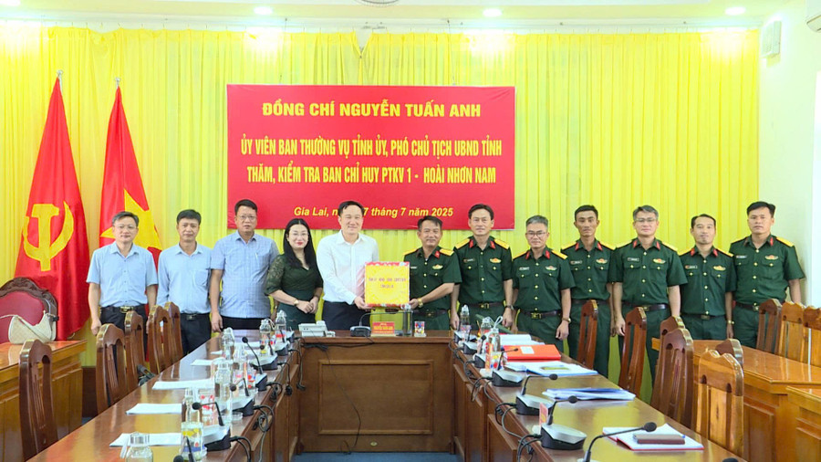 Phó Chủ tịch UBND tỉnh Nguyễn Tuấn Anh (thứ 5 từ trái sang) tặng quà cho tập thể lãnh đạo Ban Chỉ huy Phòng thủ Khu vực I - Hoài Nhơn Nam. Ảnh: Phi Long pho-chu-tich-ubnd-tinh-nguyen-tuan-anh-dung-thu-5-tu-trai-sang-phai-tang-qua-cho-tap-the-lanh-dao-ban-chi-huy-phong-thu-khu-vuc-i-hoai-nhon-nam-anh-phi-long.jpg