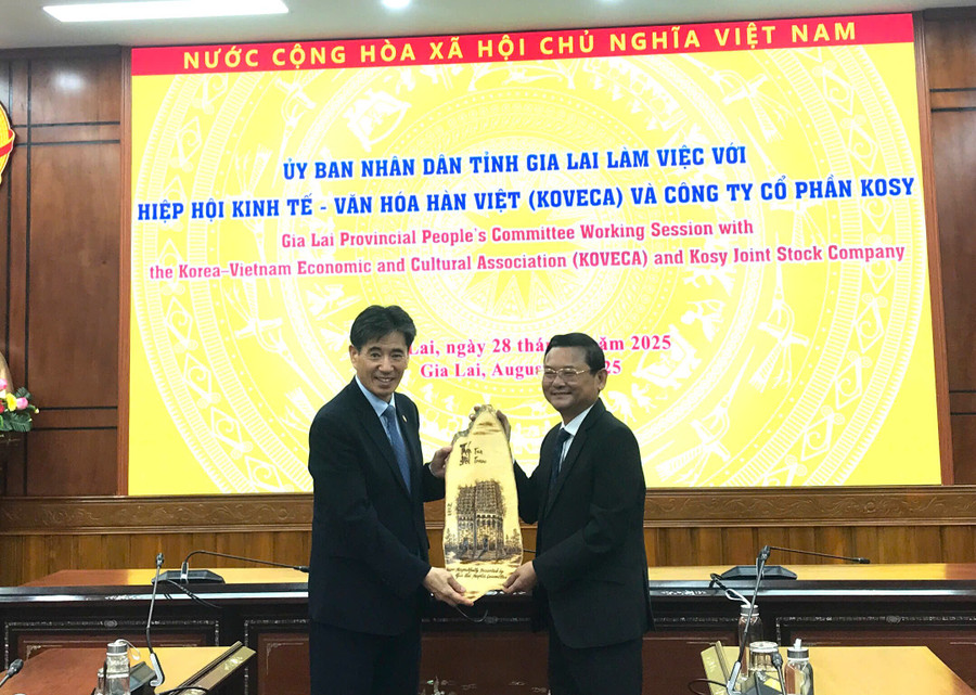 Phó Chủ tịch UBND tỉnh Nguyễn Tự Công Hoàng (phải) tặng quà lưu niệm cho ông Kwon Sung Teak-Chủ tịch KOVECA. Ảnh: Đoàn Bình anh-2-6575.jpg