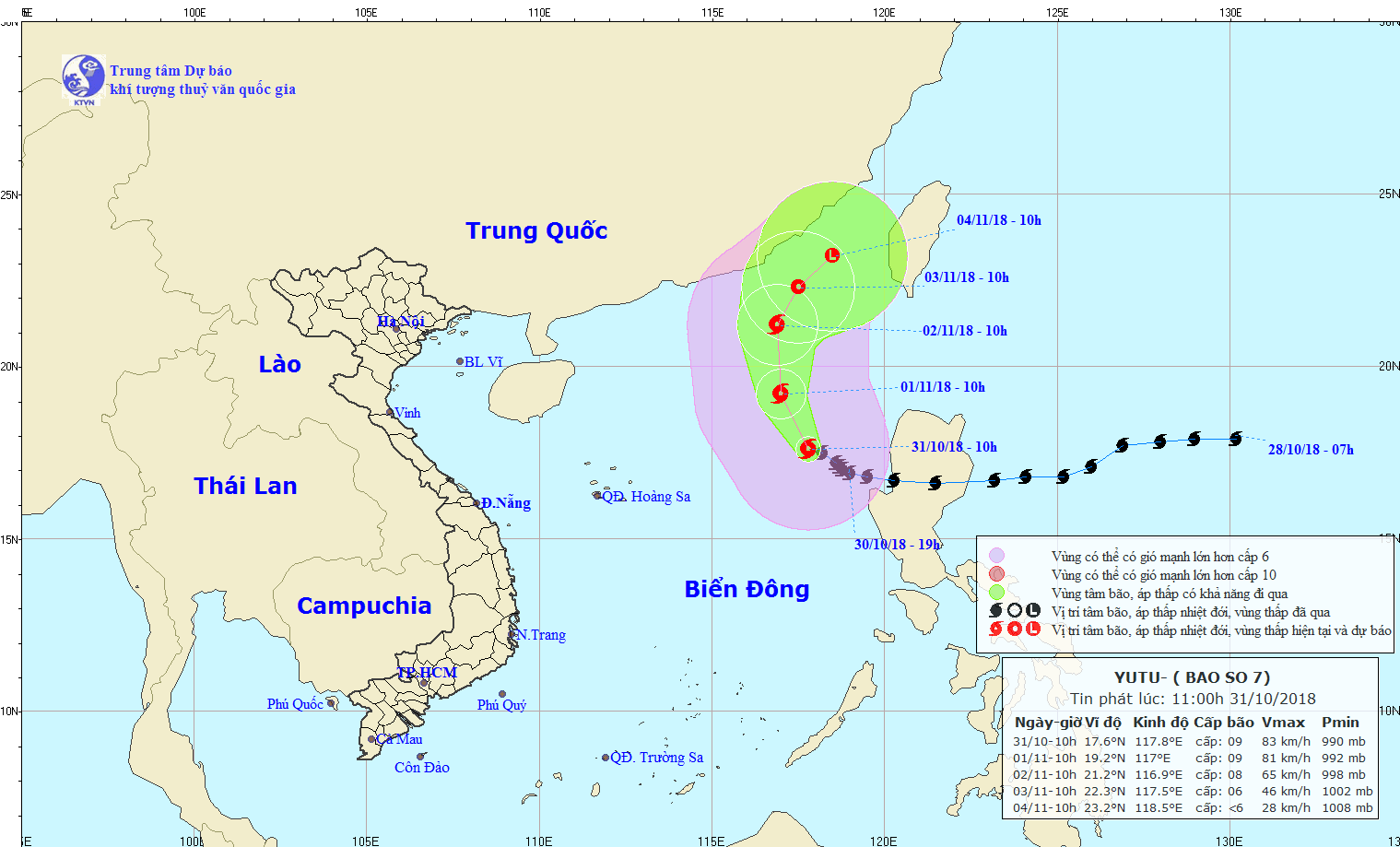 Dự báo đường đi của bão. Ảnh: Trung tâm Dự báo khí tượng thủy văn