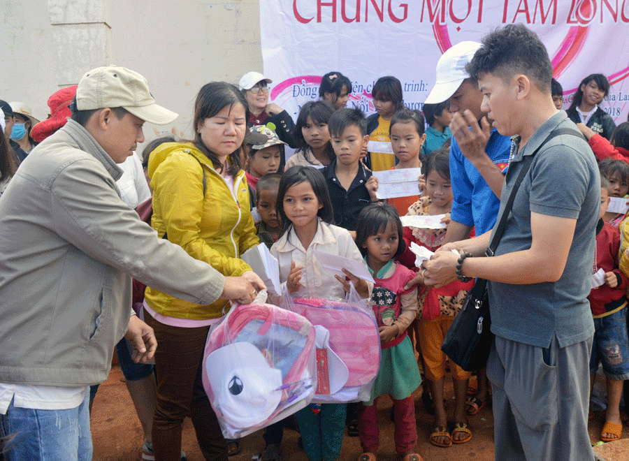 Đoàn thiện nguyện tặng quà cho trẻ em và học sinh. Ảnh: Đ.Y Đoàn thiện nguyện tặng quà cho trẻ em và học sinh. Ảnh: Đ.Y