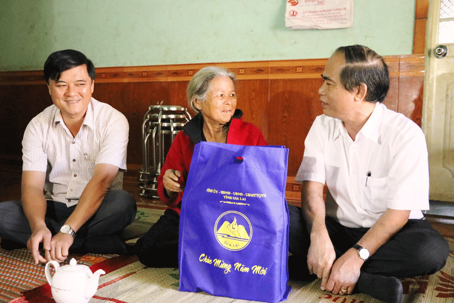 Chủ tịch UBND tỉnh Võ Ngọc Thành (bìa phải) tặng quà cho một gia đình chính sách. Ảnh: Trần Dung