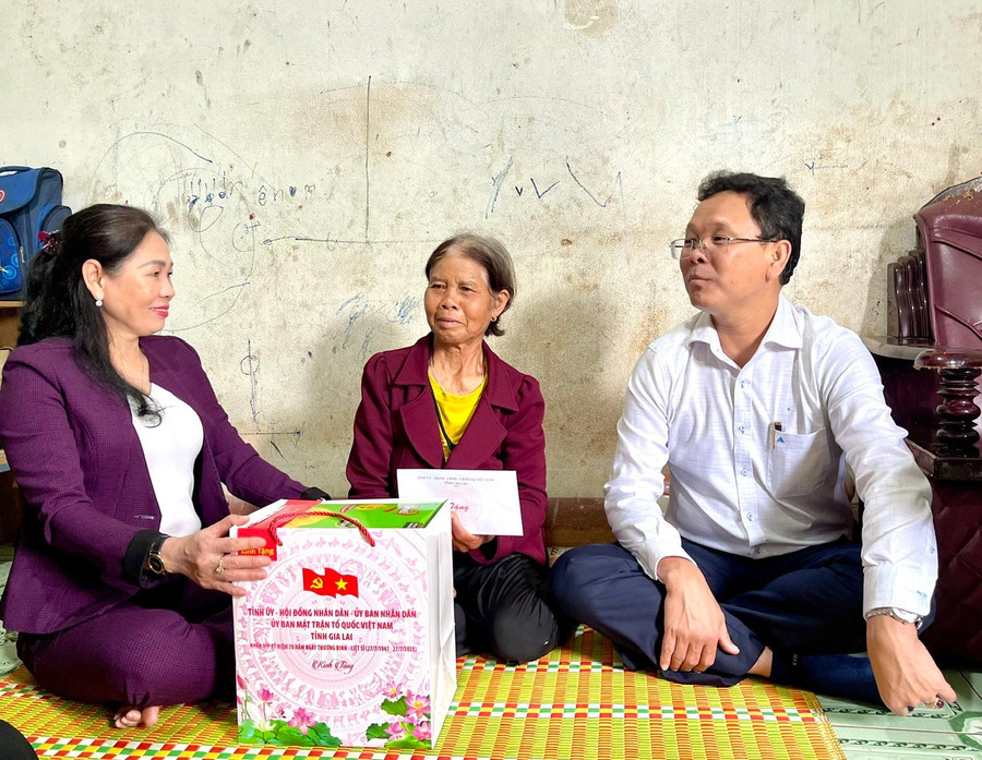 Phó Chủ tịch HĐND tỉnh Huỳnh Thúy Vân (bên trái) thăm, tặng quà bà Rơ Mah Bẽ (thân nhân liệt sĩ ở làng NgoSe-Glan, xã Chư Sê). Ảnh: A.H z6839148869049-8a1243cf1cc88cb61b161b85c678e9b2.jpg