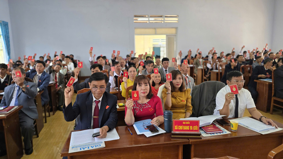 Các đại biểu biểu quyết thông qua chỉ tiêu, nhiệm vụ của nhiệm kỳ 2025-2030. Ảnh: A.H z6921972983066-df6222a0141192b44507c8b149893d48.jpg