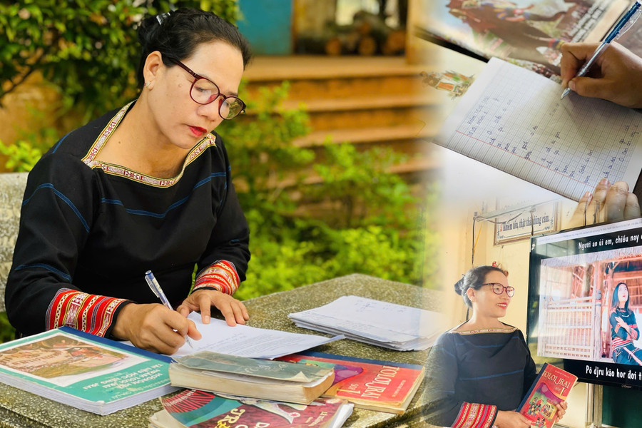 Không chỉ dạy kiến thức, cô H’Ni còn là “cầu nối” để học sinh hiểu biết thêm về chữ viết của người Jrai. Ảnh: T.D 0f475c67c77c4d22146d.jpg