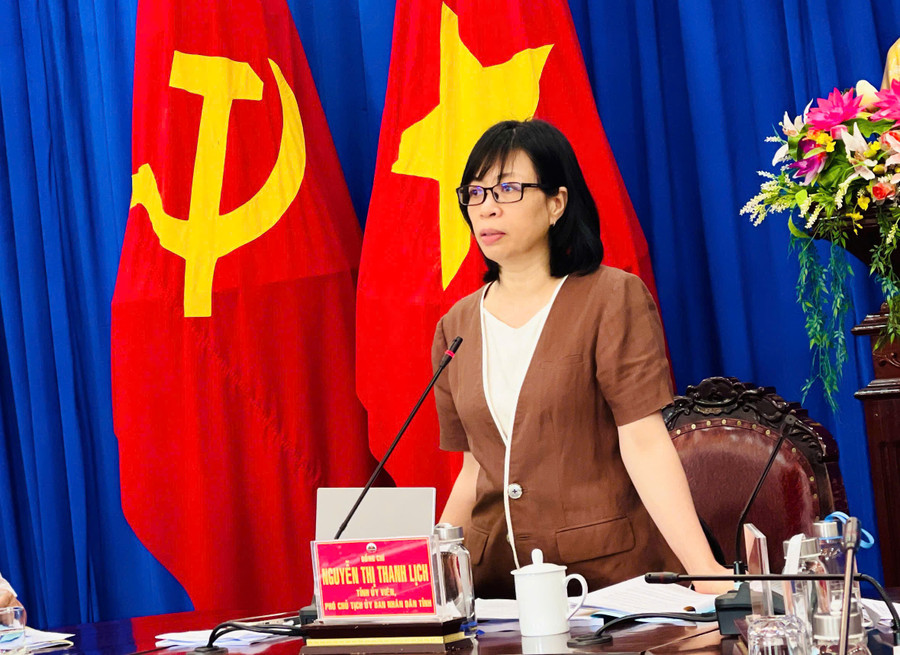 Bà Nguyễn Thị Thanh Lịch-Phó Chủ tịch UBND tỉnh, Trưởng ban Chỉ đạo cấp tỉnh Kỳ thi tốt nghiệp THPT năm 2025 phát biểu tại cuộc họp. Ảnh: T.D 496450250b9fb9c1e08e.jpg